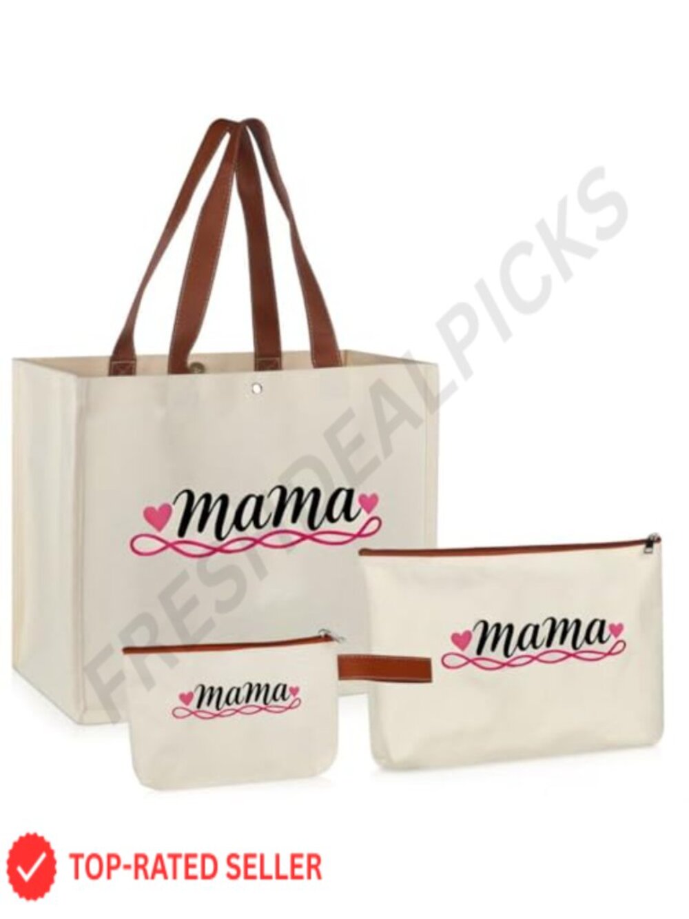Mama Tote Bag Set with Canvas & PU Leather - 3 Piece Gift for Mom